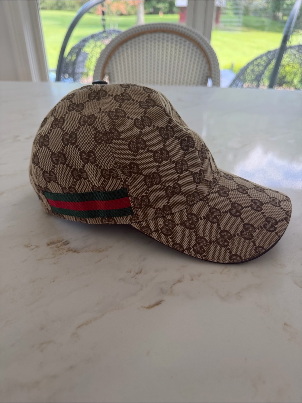 Gucci Brown Monogram Baseball Cap with Green-Red Stripe